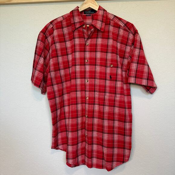 Polo by Ralph Lauren Red Black‎ Plaid Short Sleeve Button Down Size L - Picture 1 of 8